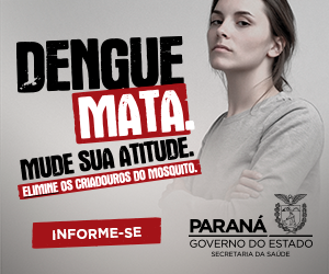 Mulher com a frase "Dengue Mata. Mude sua Atitude. Elimine os Criadouros do Mosquito. Informe-se. Paraná. Governo do Estado. Secretária da Saúde 